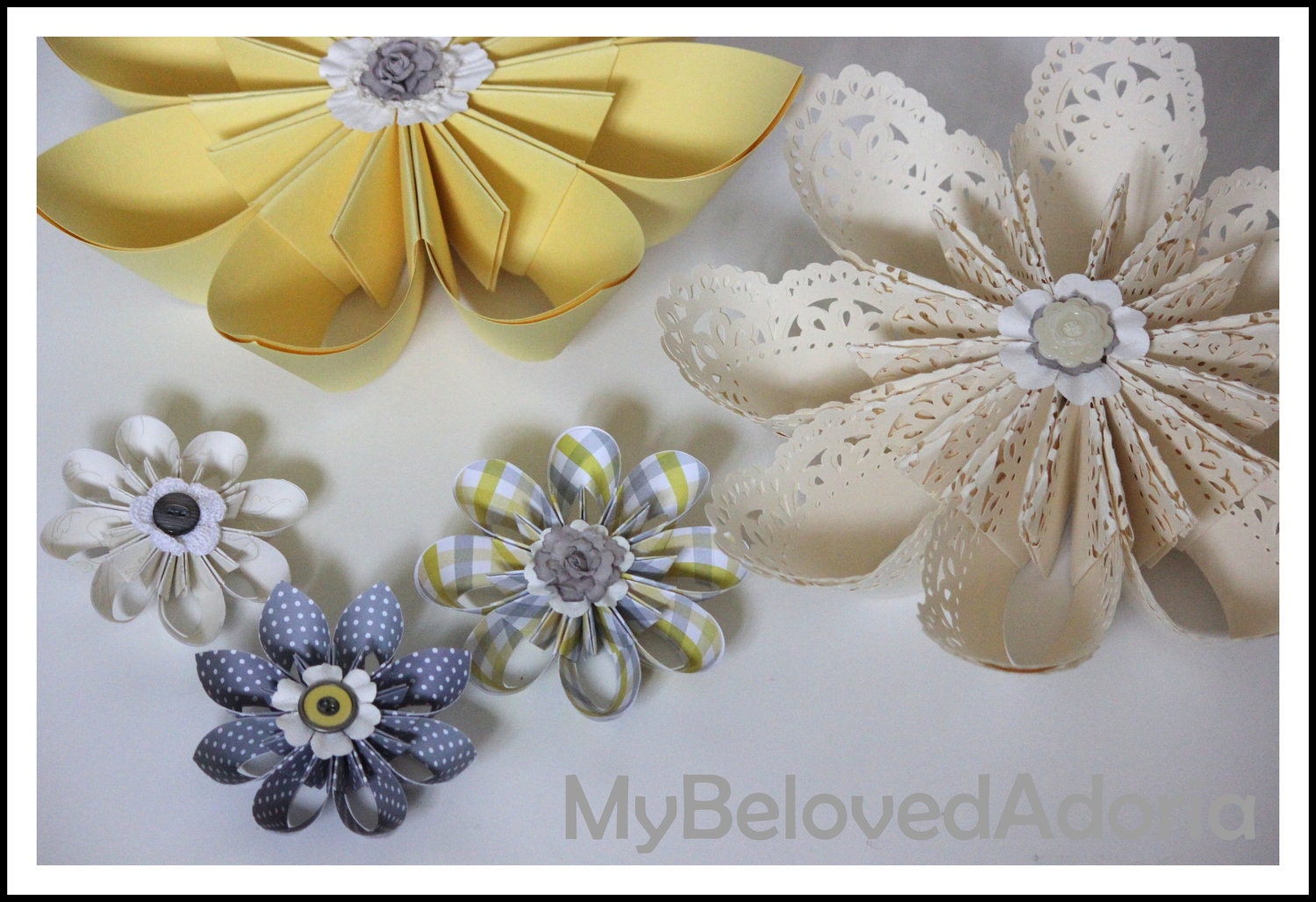 Wall Flowers decorations in yellow, cream and grey- paper origami set of 5