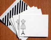 50% OFF SALE - Letterpress Black and White Note Set - Set of 6 - Wire Mannequin and Stripes