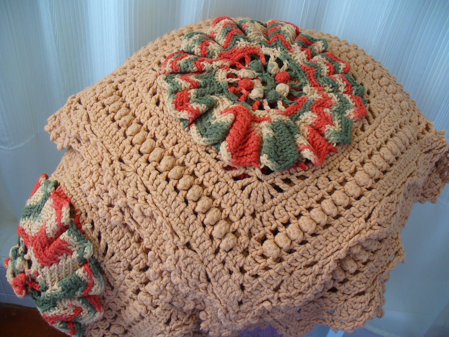 Vintage Crocheted Bedspread Cover - Afghan Blanket Throw - Queen