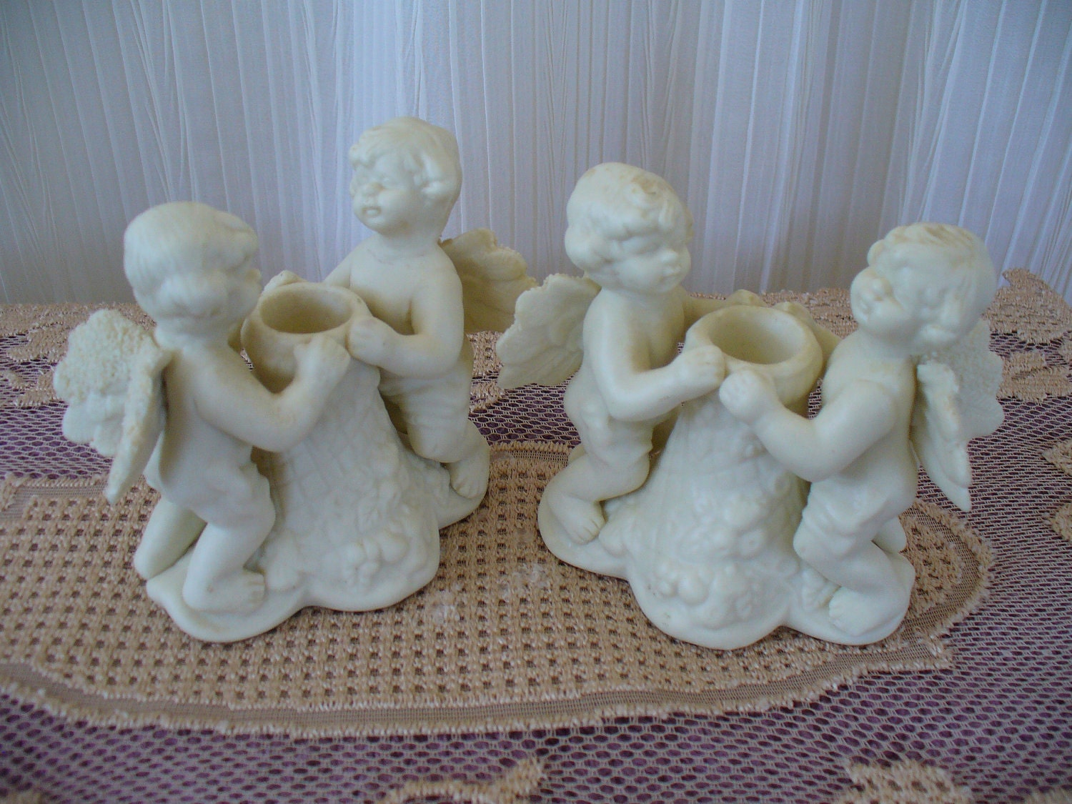 Vintage 50s Ivory Porcelain Bisque Cherub Candle Holders