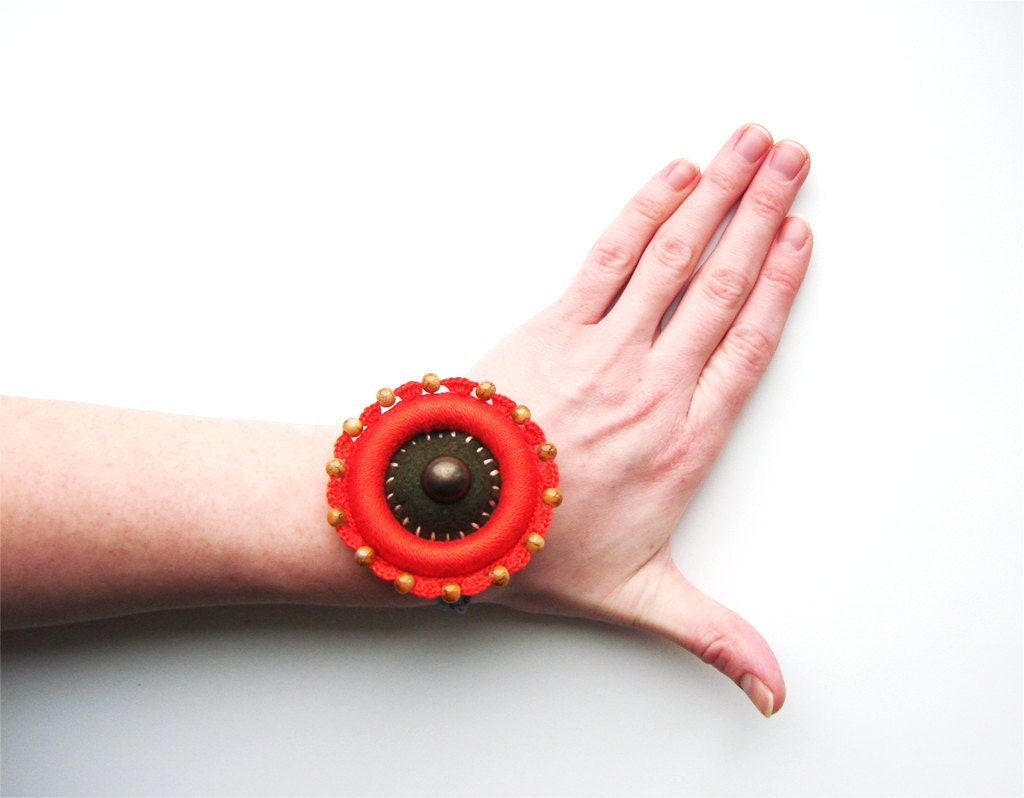 Wristband Bracelet in Khaki Green Orange, Halloween Jewelry, Crochet Bracelet, Wearable Art