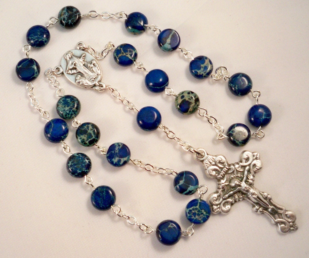 Handmade Chaplet of Our Lady of Medjugorje, Peace Chaplet, Blue Sea Sediment Jasper Beads