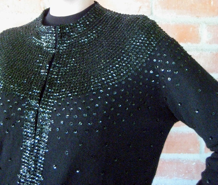 Reserved for Karin Jansson -Vintage 60s Black Sequined and Beaded Wool Evening Sweater