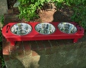 Red Elevated Cat or Dog Feeder -Three Stainless Bowls Black Handles Made To Order
