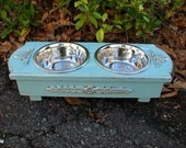 Cat or Dog Feeder Celadon Copper Paint  Underlay Two - One Quart Paw Print  Bowls Made To Order