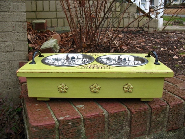 Chartreuse Pet Feeder - Wooden Shabby Chic Raised for Dogs Cats Two - One Quart Paw Print Stainless Bowls Made To Order