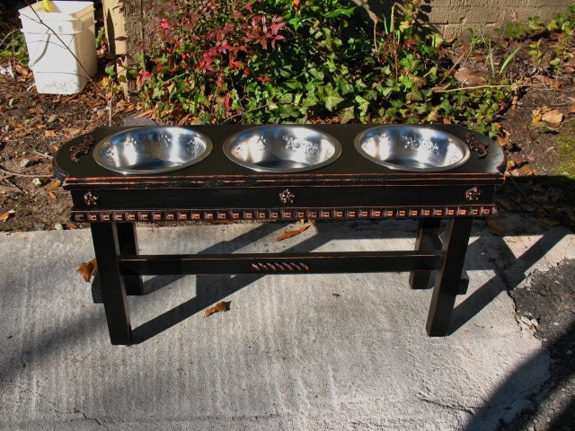 Elevated Pet Feeder For Large Dogs - Black Shabby Chic 3 Two Quart Paw Print Bowls Made To Order