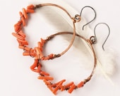 SALE Boho hoop earrings - copper wire wrapped coral - arrabeska