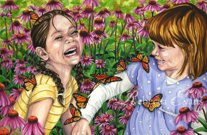 Illustration Art Print of Girls and Butterflies in the Garden 8.5x11