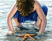 Illustration Art Print of Child and Starfish in the Ocean 13x19