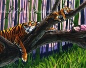 Illustration Art Print of Tiger, Cub and Child Sleeping 8.5x11