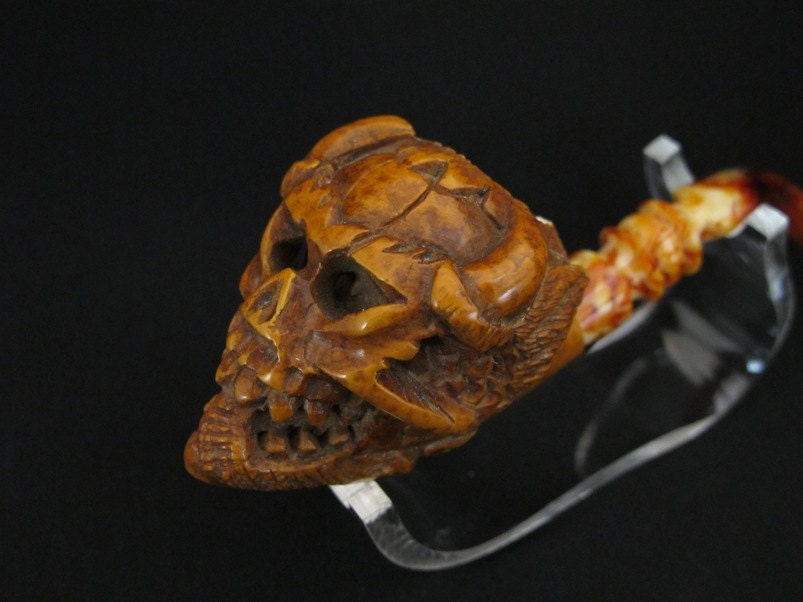 Brown Devil & Snake Meerschaum Pipe New Tobacco Smoking Pipes Hand Made w Case Stand Pouch