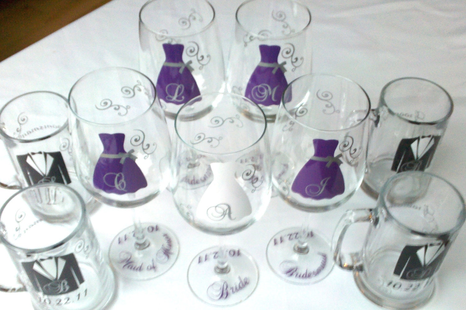 Wedding party wine glasses and beer mugs, Personalized Bridesmaids gifts and Groomsmen gifts Set of 12