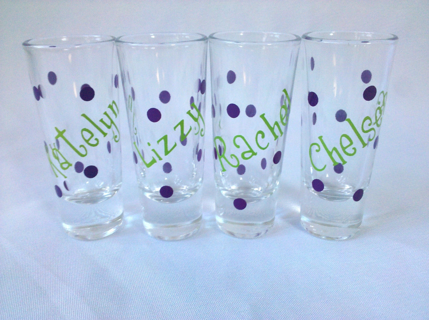 Personalized shot glasses, set of 7 for bachelorette or sorority gift idea. Choose a to put a name or initial. You pick the colors and font.