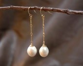 white pearl earrings - dangles on ear hooks  with gold chain - bridal or everyday jewelry