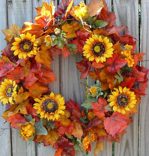 Fall Wreath - Fall Wreath with Golden Sunflower and Fall Leaves Wreath - Fall Sunflower Door Wreath