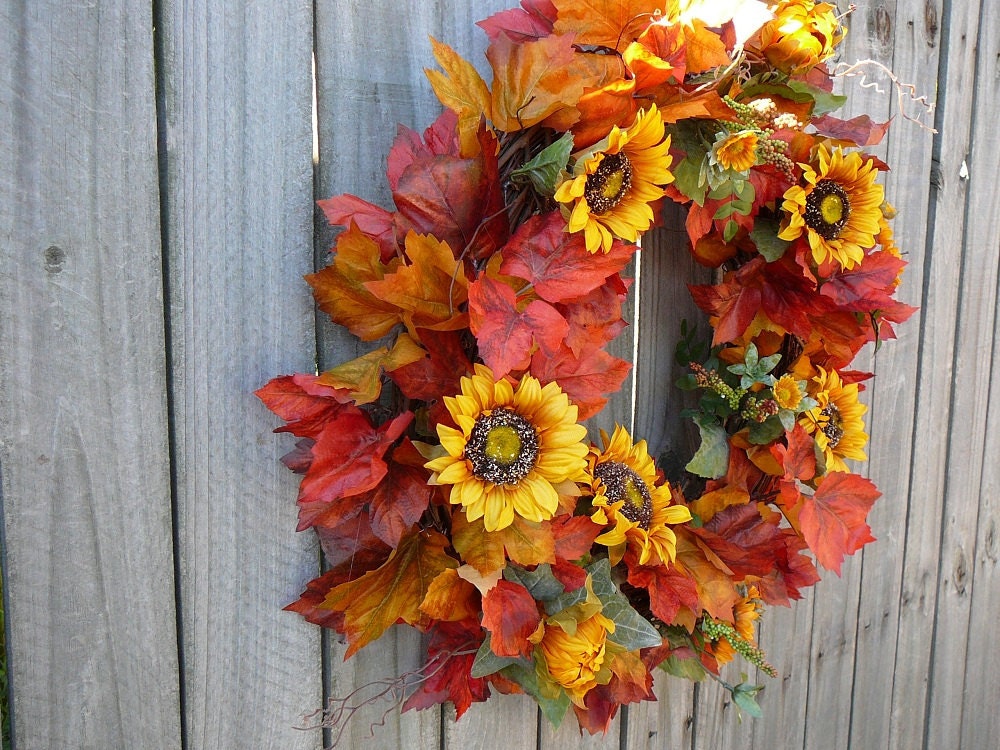 Fall Wreath - Fall Wreath with Golden Sunflower and Fall Leaves Wreath - Fall Sunflower Door Wreath