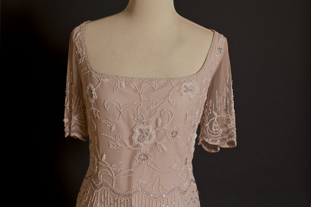 Vintage Rose Sequined Bob Mackie Flapper Style Wedding Dress/Evening Gown (Beading-Vintage-Rose-Sequins-Wedding Dress-Bridal-Short Sleeve)