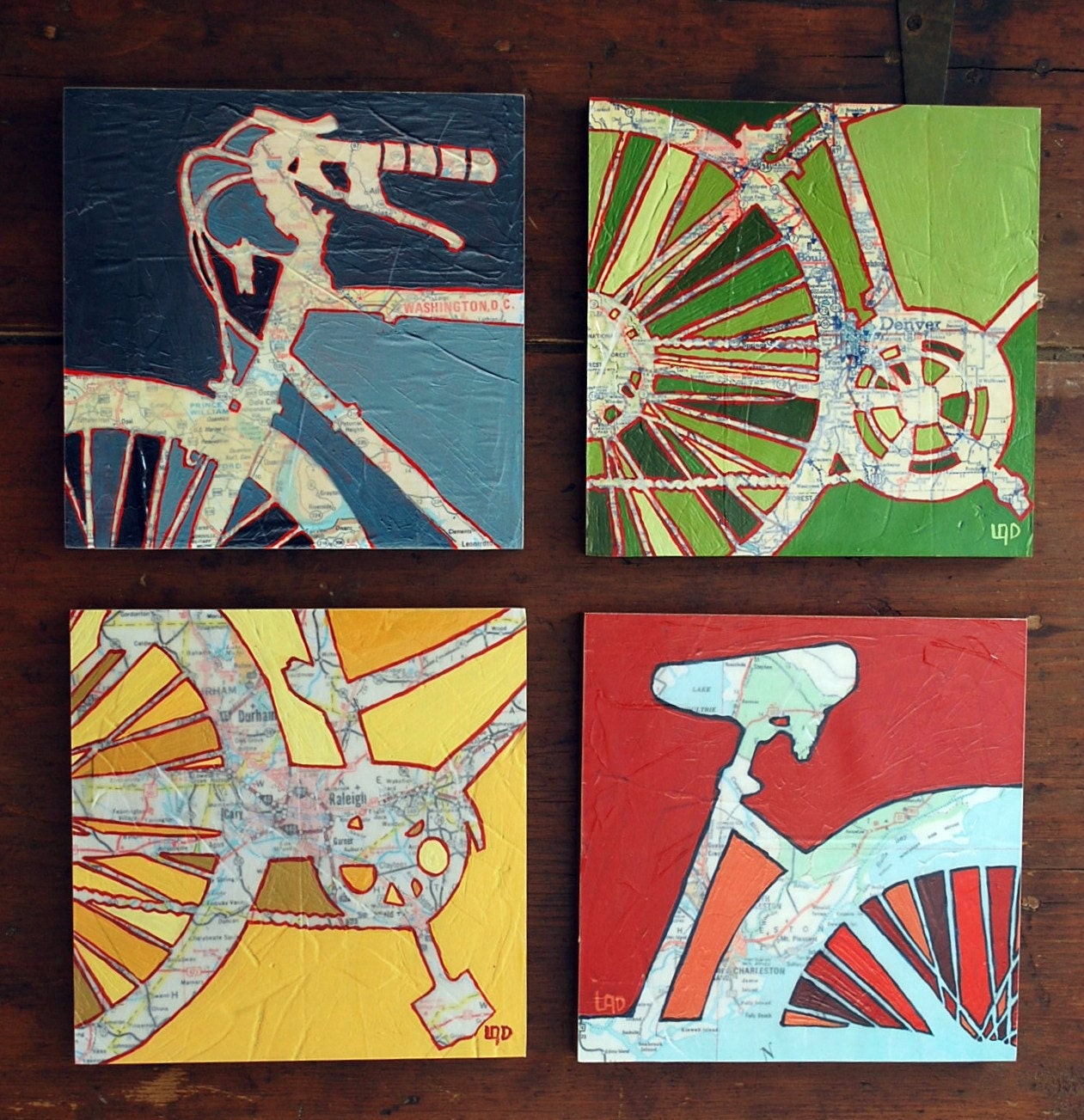 Bicycle art collection Four 8x8 Mounted bike map prints