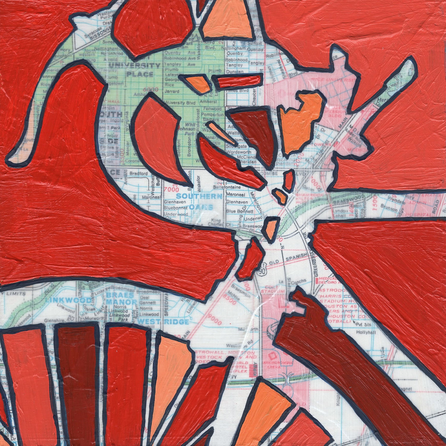 Bike Houston --Archival Print of bicycle map painting with map of Houston Texas
