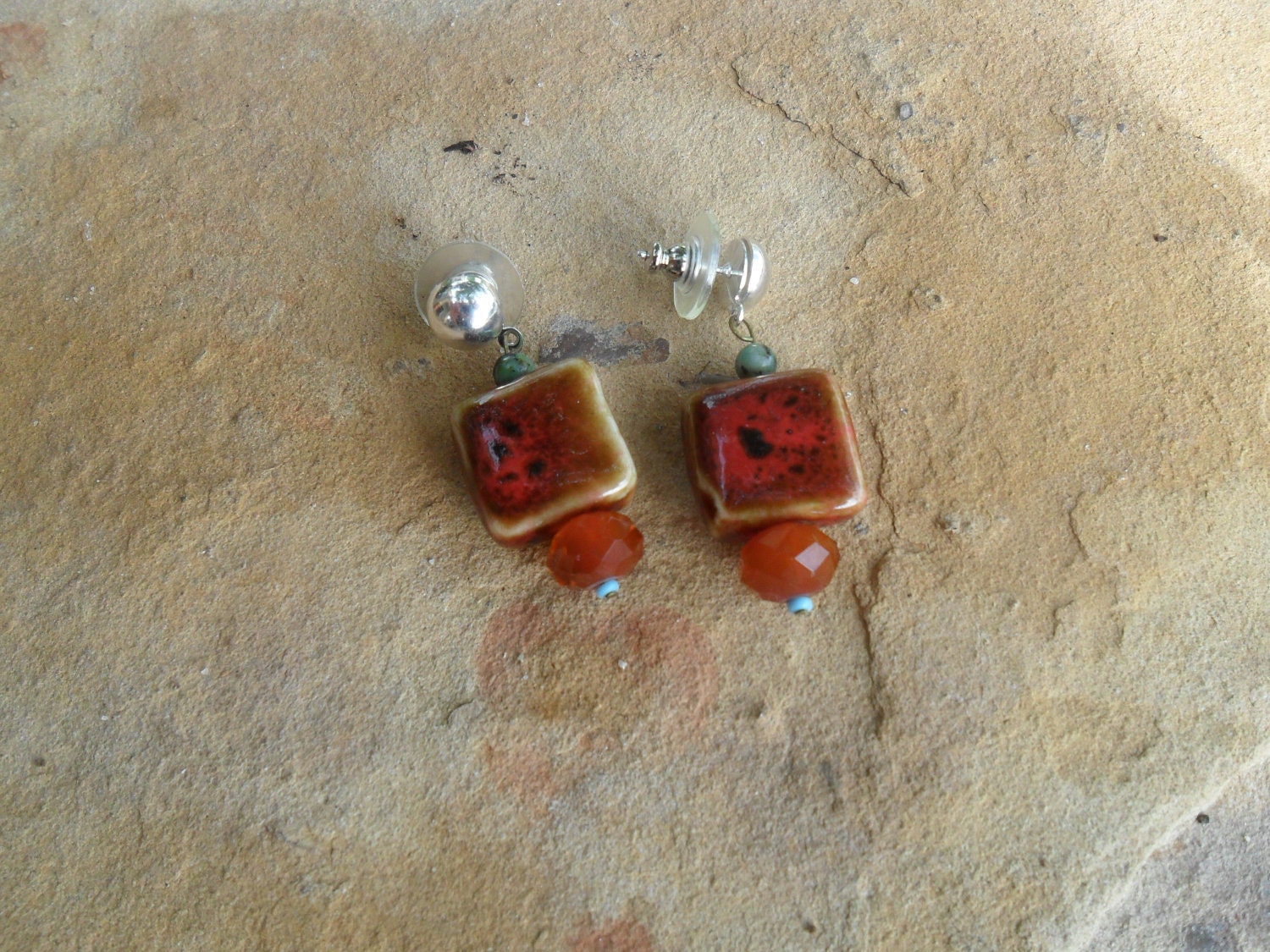 Dangle Earrings of Brown toned Ceramic and Crystal  beads