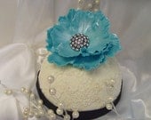 Sugar Gumpaste 5 inch Ocean Blue Pearl Open Rose and Crystal Rhinestone Embellishment Cake Topper