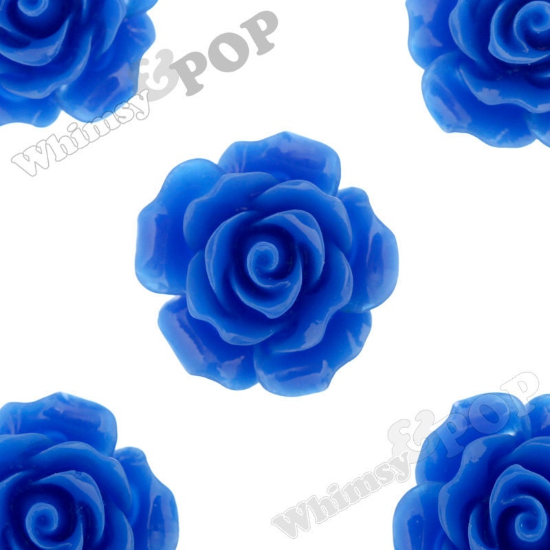 10 - Large Detailed Royal Blue Rose Deco Resin Cabochons, Flower Shaped, 20 MM x 9 MM (R1-006)