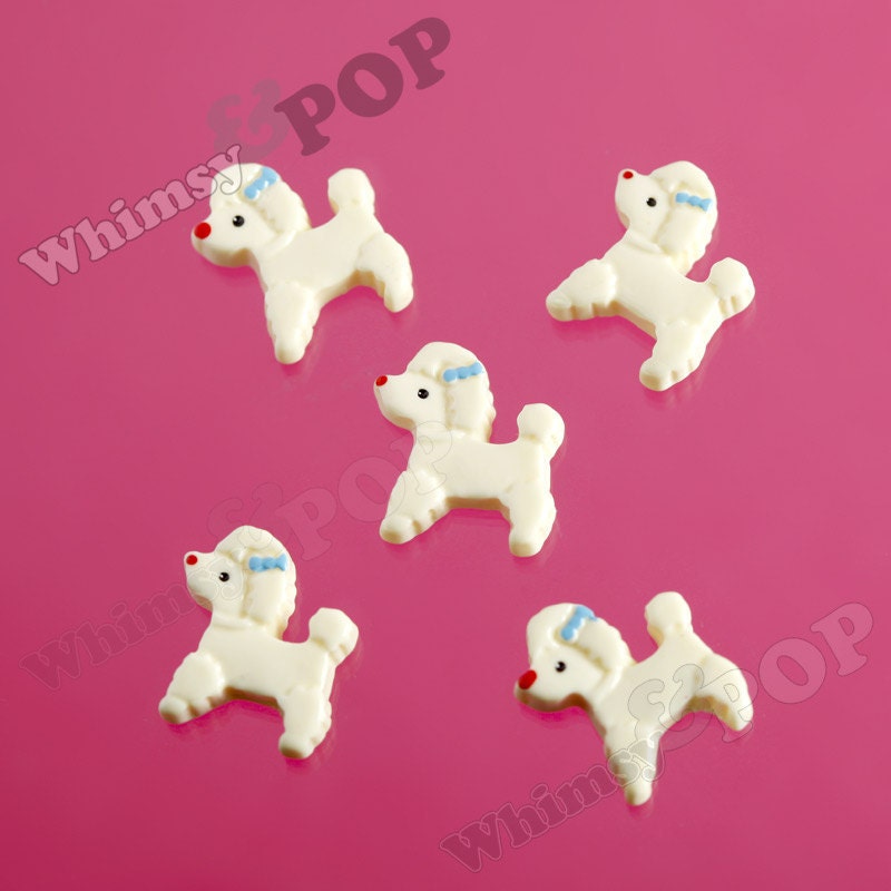 10 - Classic French Poodle White Puppy Blue Bow Decoden Resin Flatback Cabochons, Dog Cabochons (R4-094)