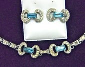 SALE Gorgeous Antique Blue Baguette Bridal Bogoff Pot Metal & Crystal Rhinestone Deco Demi Parure Necklace and Earring Set