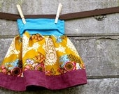 Sophie's Yoga-top Skirt, sizes 6 months to 10 years, made to order - Gold Lovesme & Raspberry Linen