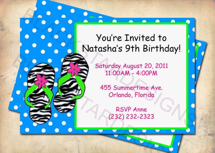 Pool Party Birthday Invitations - Custom Made to Your Wording and Color
