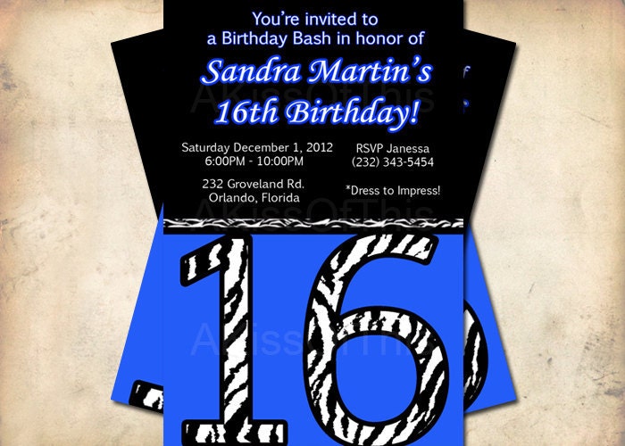 Zebra Print Birthday Invitation - Custom Made to Any Age or Color