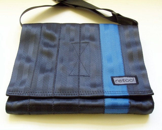 Seat Belt Messenger Bag in Black and Blue (M-6)