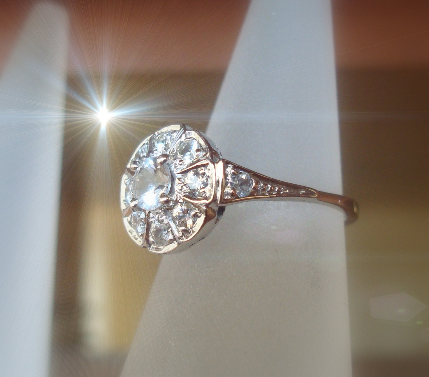 Gold sapphire ring, natural pure white Sapphires,handmade Art Deco. Payment Plan is available. P-026