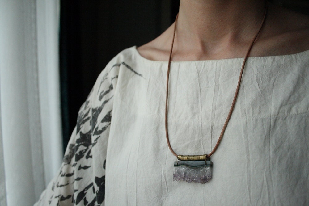 Amethyst geode slice, vintage brass and leather necklace