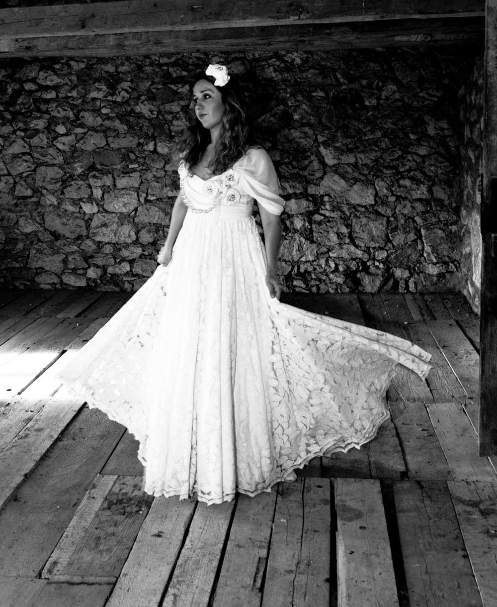 Vintage Inspired Wedding Dress in White or Ivory Lace with Raw Silk and Silk Chiffon - made to order