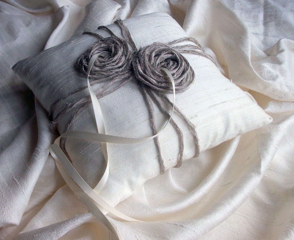 Ivory Ring Bearer Pillow/Cushion in Raw Silk with Two  Metallic Organza Bird's Nest like Rosettes
