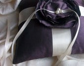 Bearer Pillow in  Aubergine/Eggplant Taffeta With Strips of Cream Ribbon and Handmade Flower