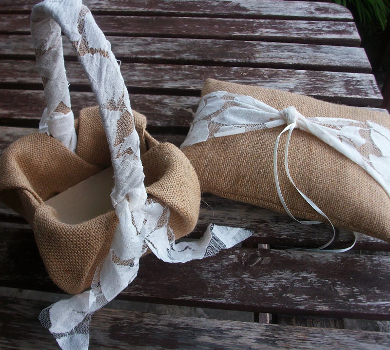 Ring Bearer Pillow and  Flower Girl Basket Set  in Burlap and Ivory  Lace
