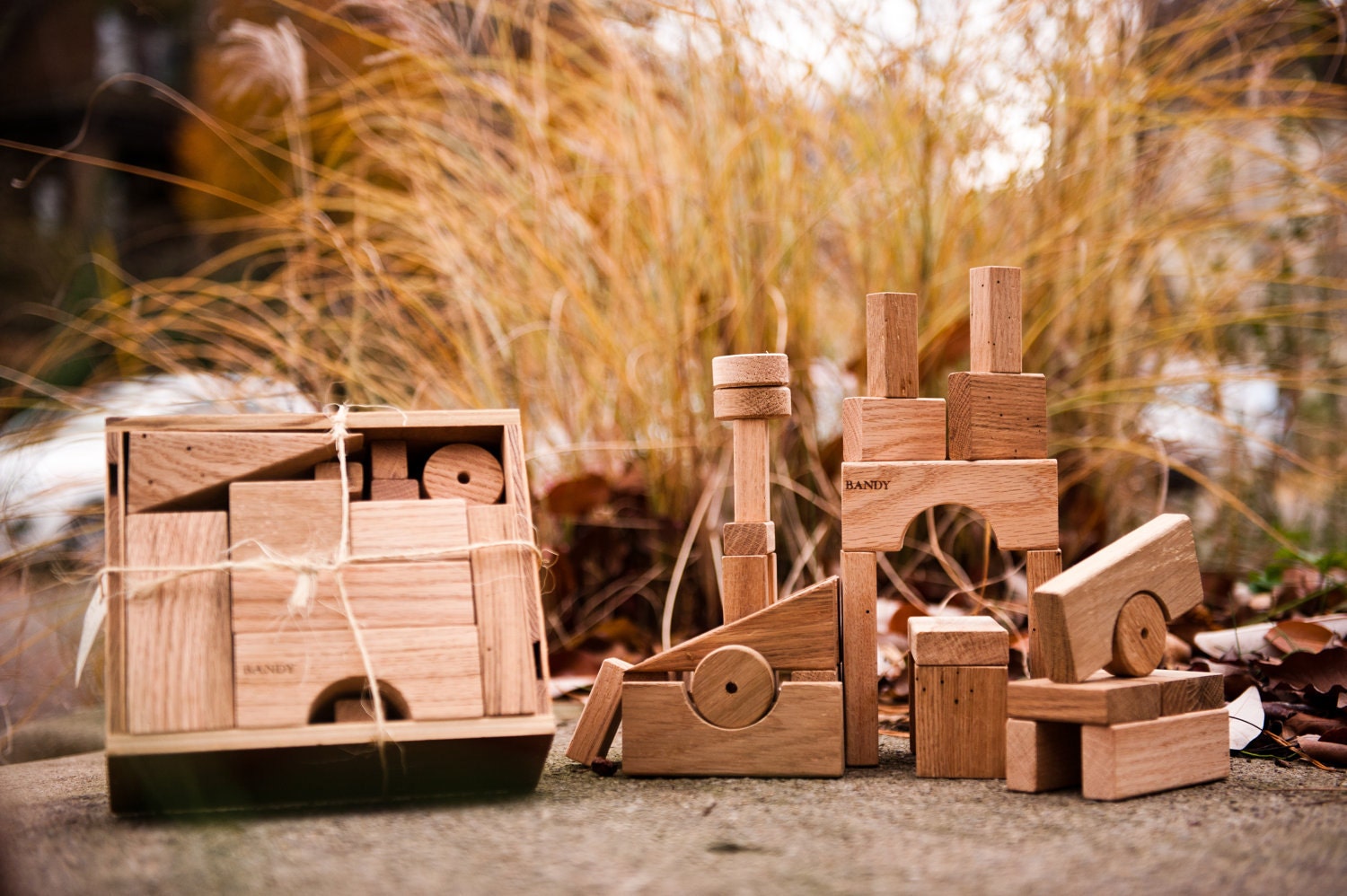 36 piece red oak block set by BANDY.  Local salvaged wood, recycled plywood box.