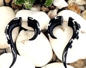 Horn Earrings -- CLEARANCE SALE 25% OFF -- 1 Pair Tribal Fishook Fake Gauge Earrings - Bone Inlaid (By Fake Gauge Organics)