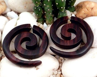 Fake Gauge Earrings -- SMART PRICE -- 1 Pair Exotic Organic Wooden Earrings - Dark Sono Wood Sea Spirals - Fake Gauges