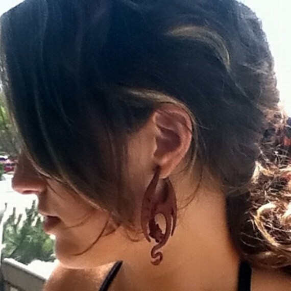 SPRING SALE -- 1 Pair Organic Natural Wooden Earrings - Winged Horned Dragon - Dramatic 3-1/8" Tall - Fake Gauge Organics