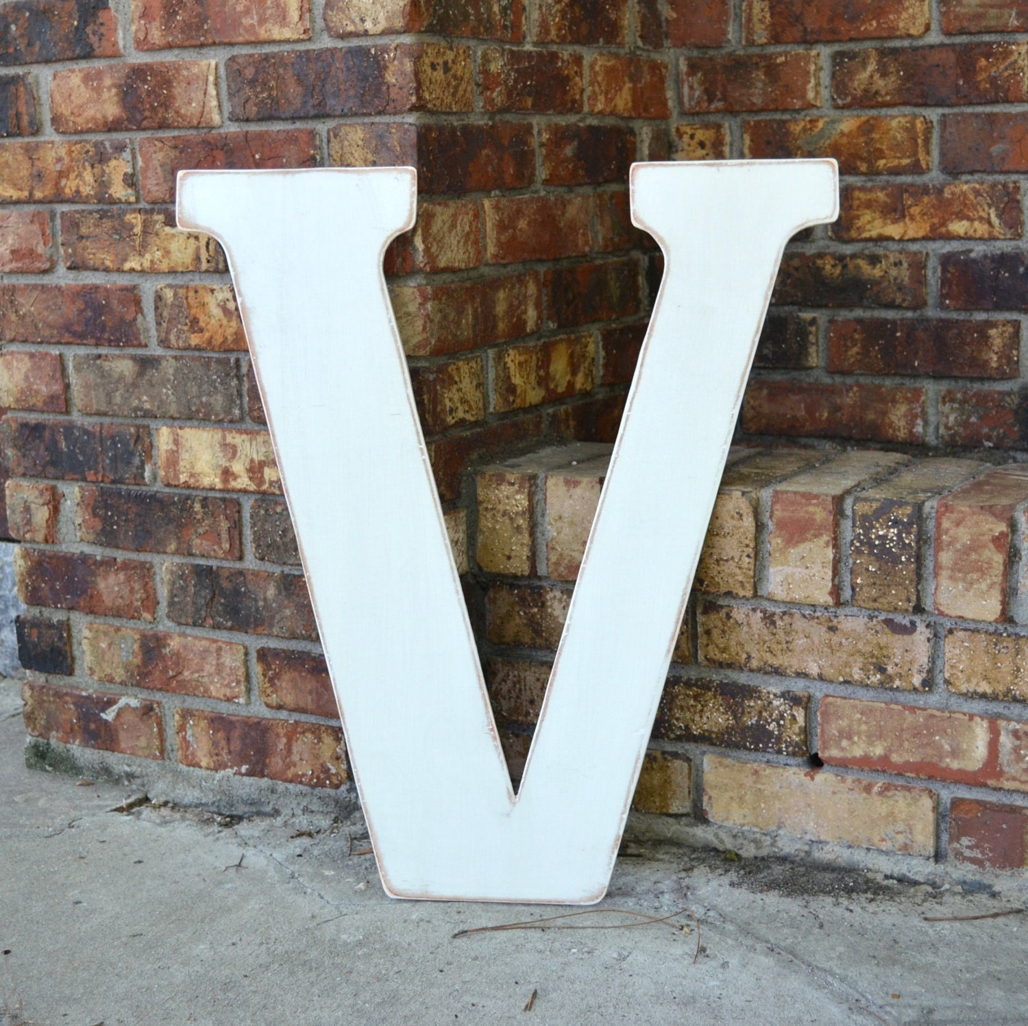 24" Wooden Letter V, Distressed White, Classic Font, all letters many colors available