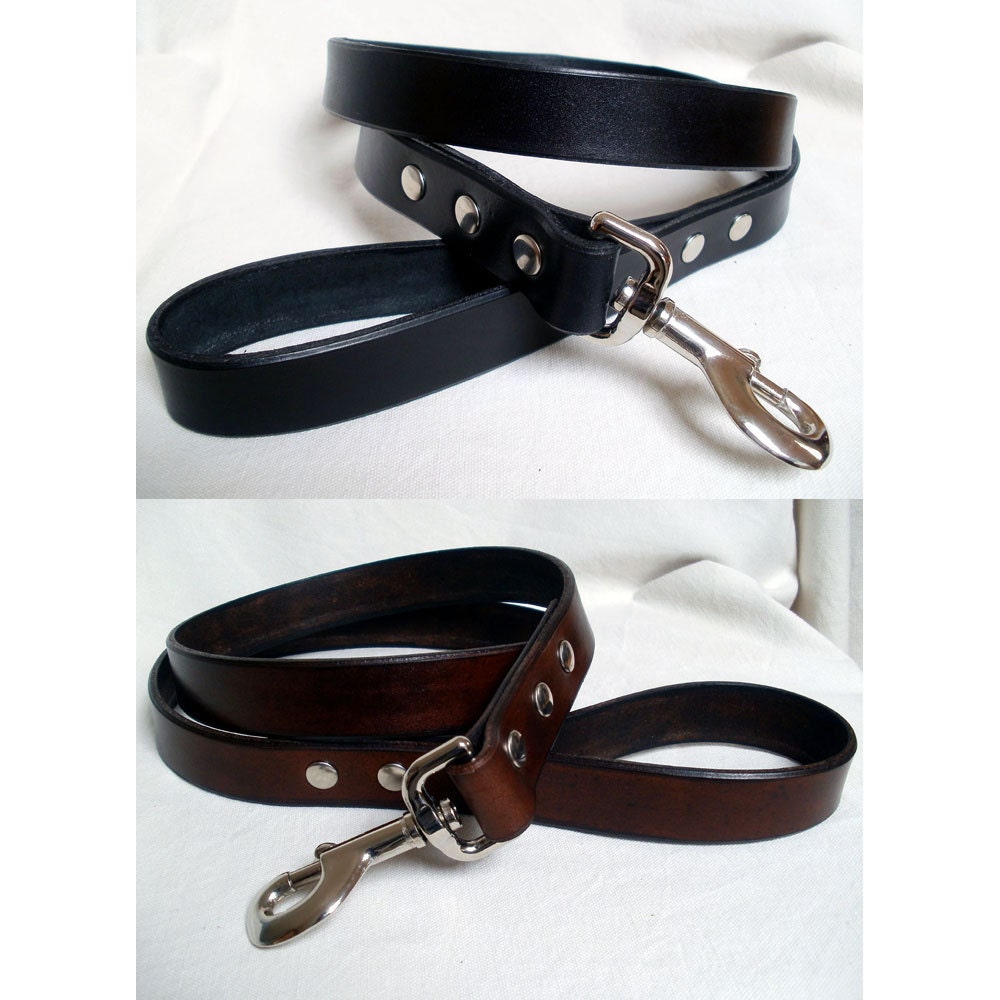 Dog leash, leather, 1" wide, black, tan or brown, 42" long,