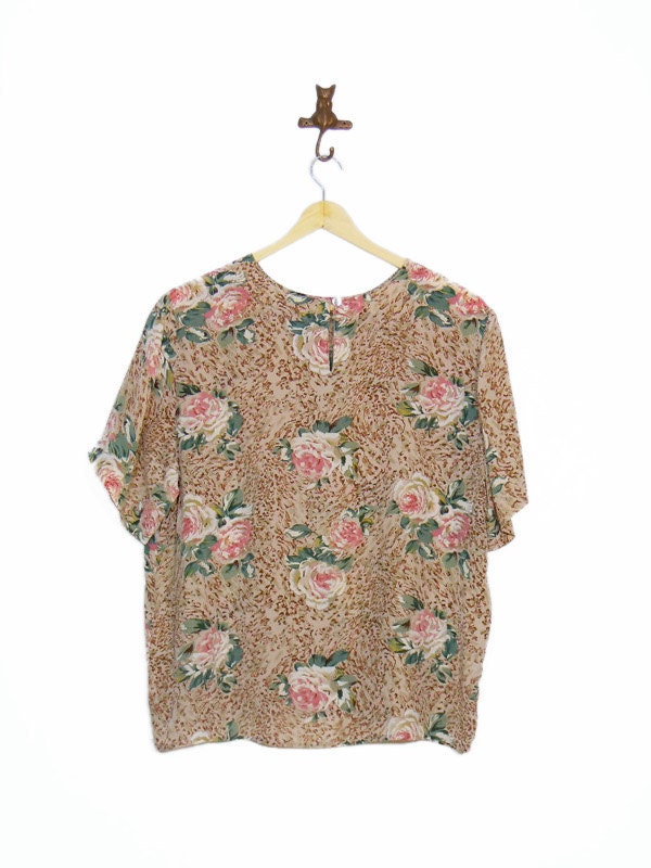 Wild Rose Floral Short Sleeve Silk Blouse Sz L