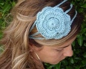 Light teal crocheted flower 3 strand headband