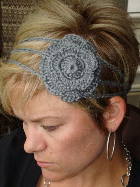 Gray crocheted 3 strand flower headband
