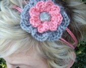 Peach and gray crocheted flower 2 strand headband