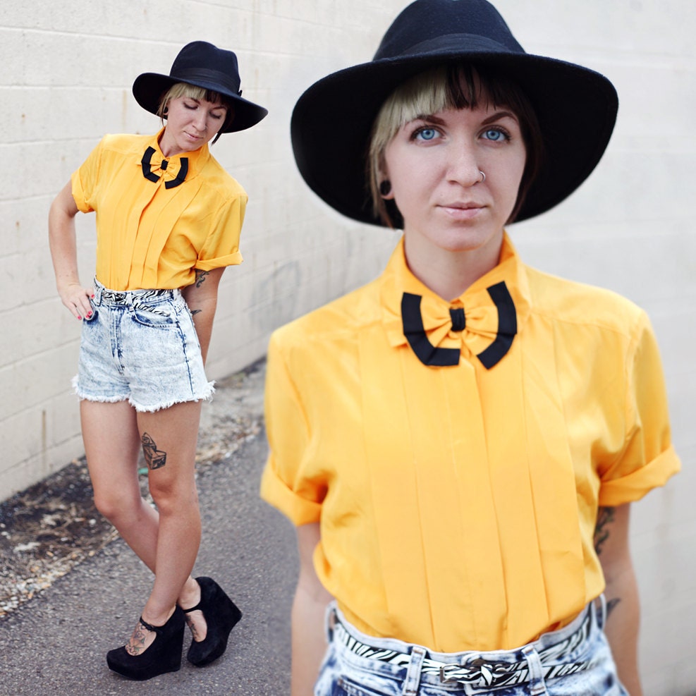 Unique Vintage Yellow Bow Tie Boxy Blouse - Size S-M